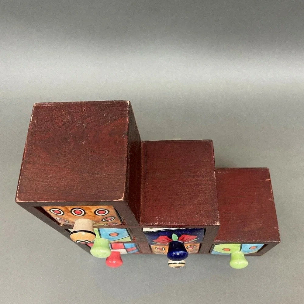Heavy Wooden Ceramic 6‎ Drawer Cupboard Jewelry Box Spice Hippie Boho India